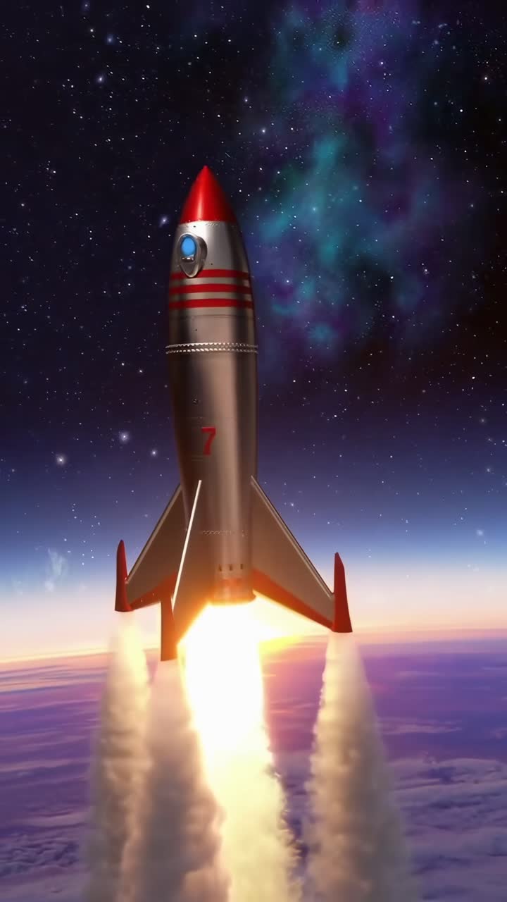 Retro rocket launching into space, captured from a low angle, ideal for a sci-fi video