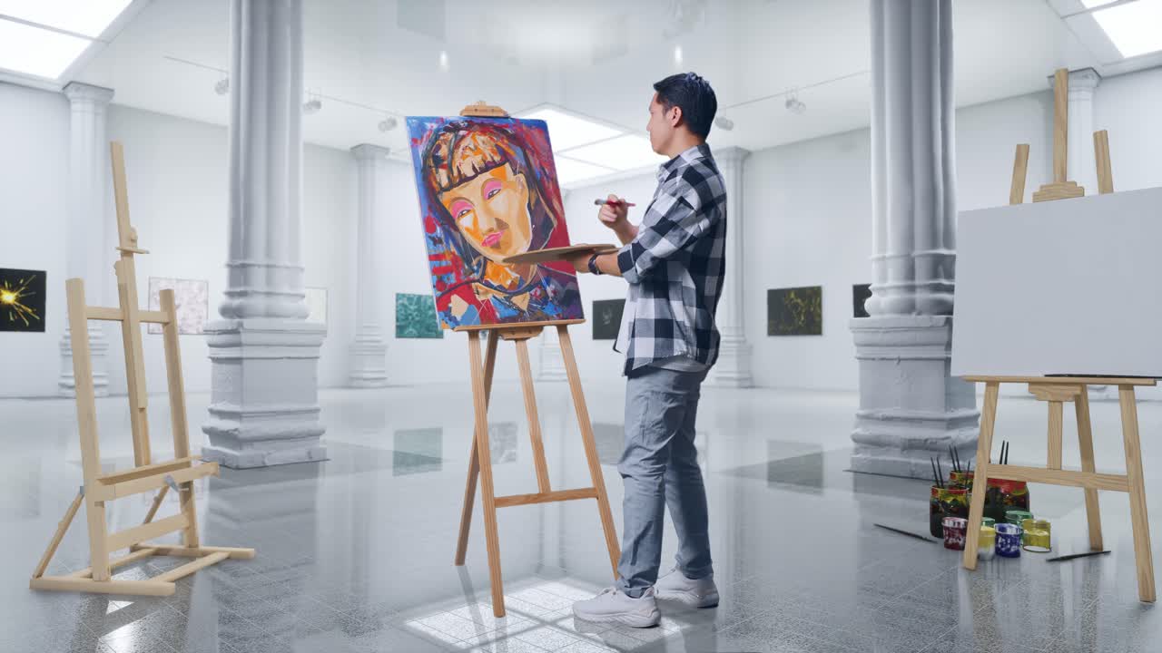 아시안 남성 예술가의 몸 전체 측면 뷰, 팔을 교차하고 갤러리에서 오일 페인트와 으로 캔버스에 소녀를 그리는 동안 그림 개념에 대해 생각하고 있습니다.