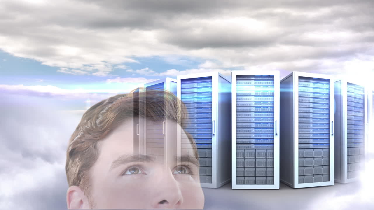 Animation of businessman and computer servers