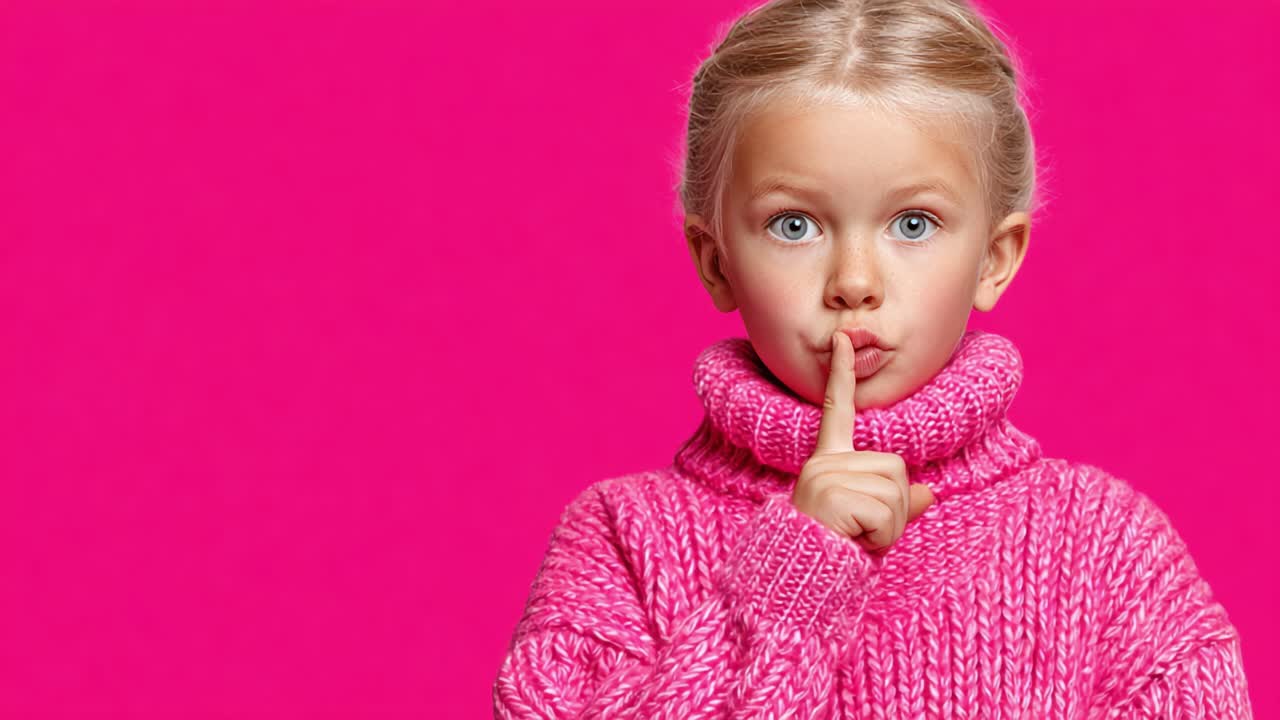 A young child with blonde hair wearing a cozy pink sweater makes a playful 'shh' gesture against a vibrant pink background, capturing a moment of innocence and quietude