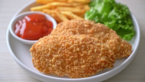 fried chicken breast fillet steak with french fries and ketchup