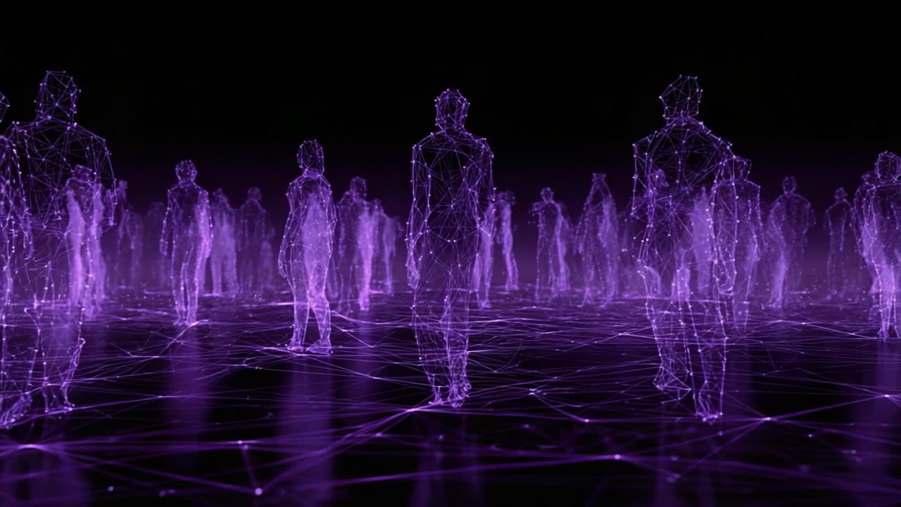 A mesmerizing view of a digital landscape filled with human-like figures formed by intricate patterns of purple light, representing the intersection of technology and humanity in a futuristic environment