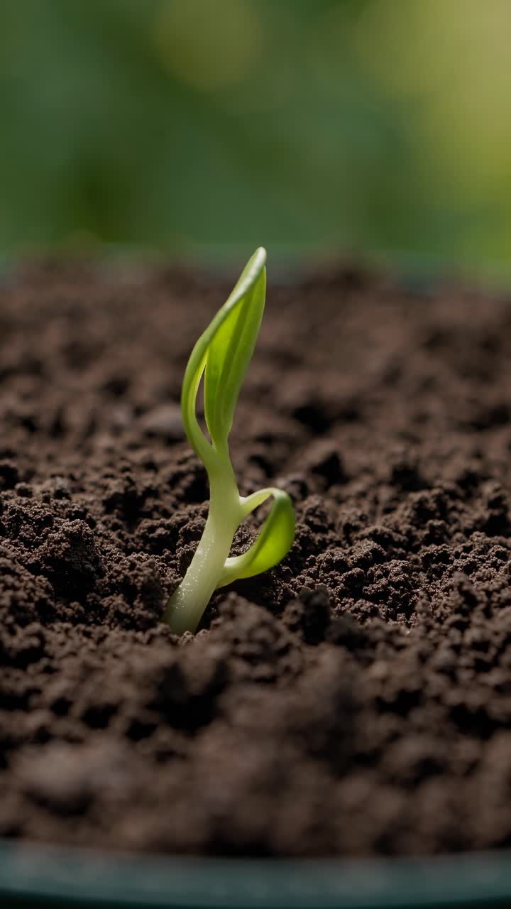 Close-up video angle of a sprouting seed in rich soil, capturing the essence of growth and nature
