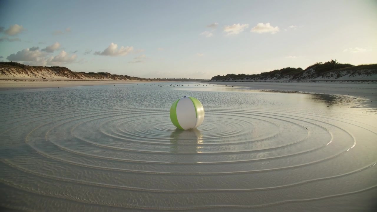 Resting lime-green white inflatable beach ball in tidal pool, ripples spreading after nudge