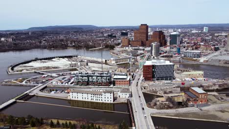 aerial shot of downtown ottawa and gatineau with a power station on the ottawa river