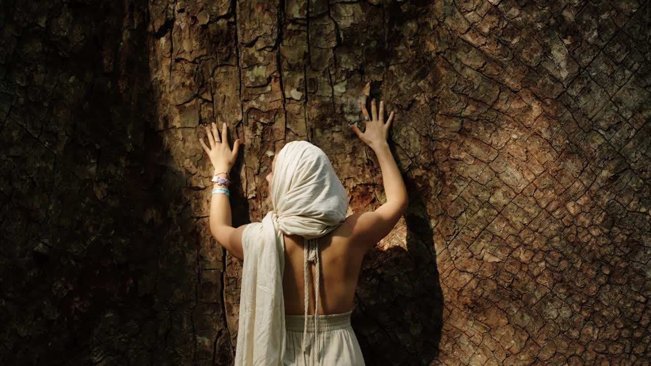 A woman dressed in white gently places her hands on the bark of a sacred Ceiba tree, immersed in a spiritual moment within Tikal’s jungle.
