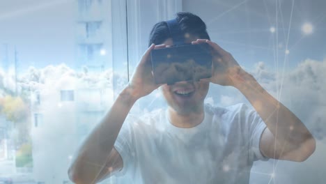 man wearing a virtual reality headset smiling 4k