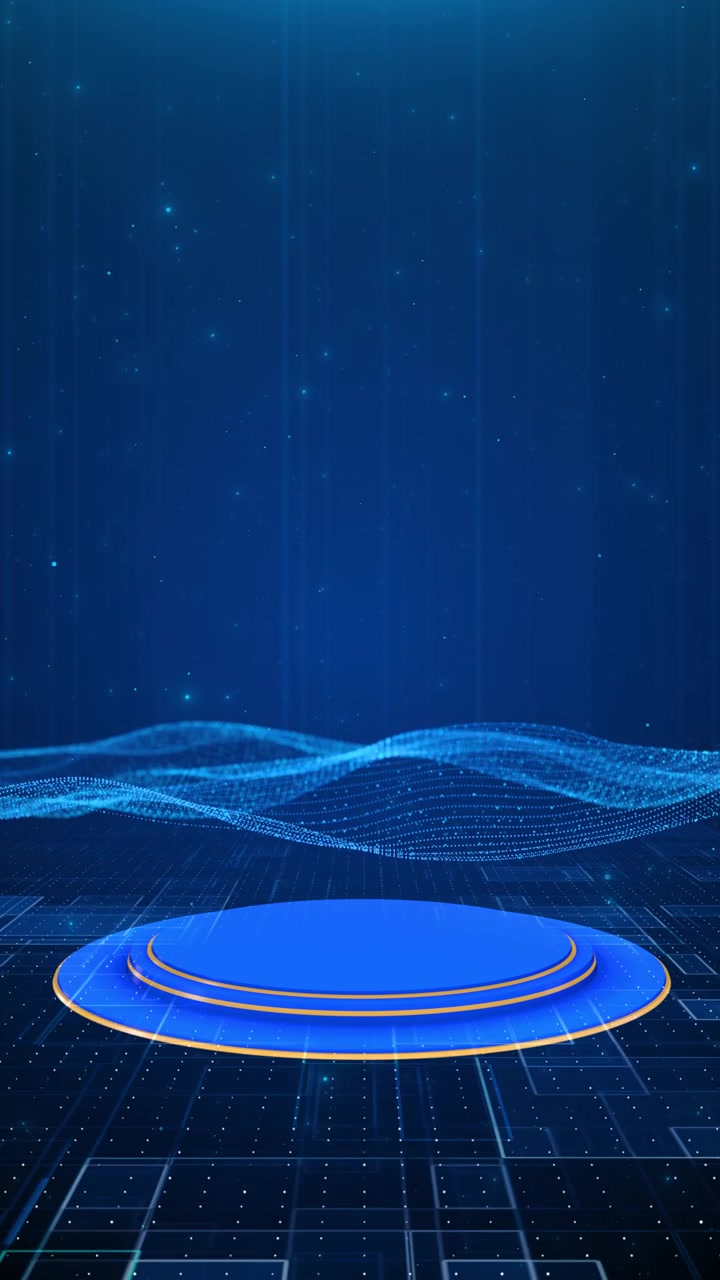 Futuristisk produktpodium scene, cirkulær platform, glødende datalandskab, digitalt gitter, vertikale stråler