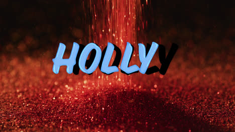 animation of holly text over falling glitter