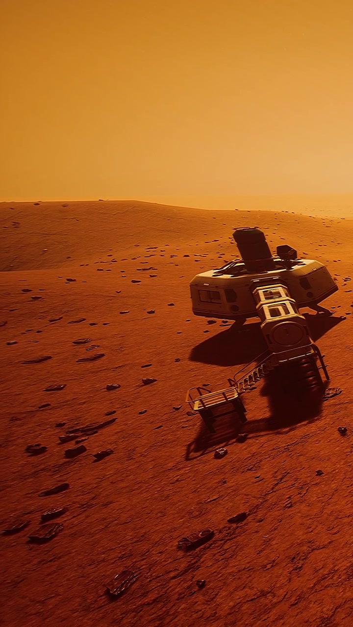 Un razzo atterra sulla superficie di Marte in un bagliore arancione al tramonto.