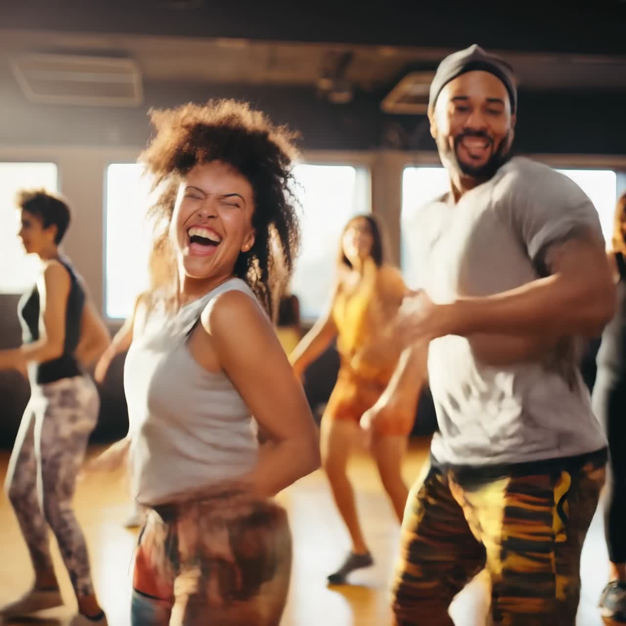 Vibrant dance class video scene with a low-angle shot capturing joyful expressions and dynamic
