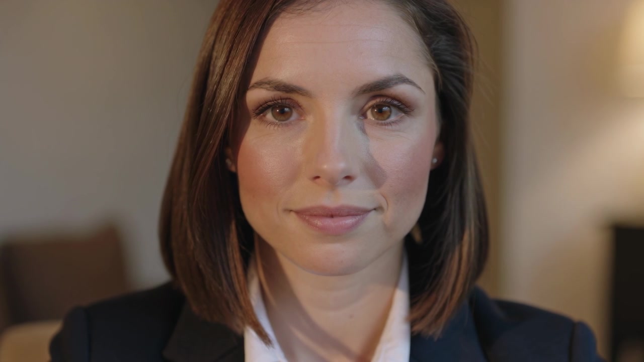 Donna ripresa che sorride dolcemente e mantiene lo sguardo fisso durante un'intervista, indossando un blazer, con una lampada accesa.
