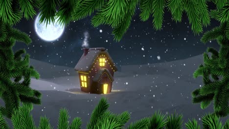 animation of christmas fir tree branches, full moon, snow and house in winter scenery