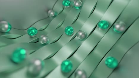 fondo 3d abstracto con esferas metálicas y curvas verdes