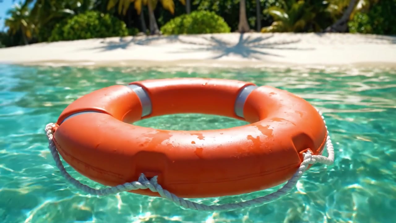 A Vibrant Lifebuoy Floating in Crystal Clear Ocean Water with a Tropical Beach and Lush Green Palm Trees in the Background, Evoking a Sense of Serenity and Safety