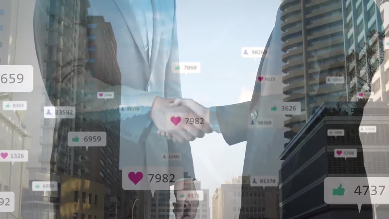 두 사업가의 중간 부분에서 숫자가 증가하는 디지털 아이콘이 손을 흔들고 있습니다.