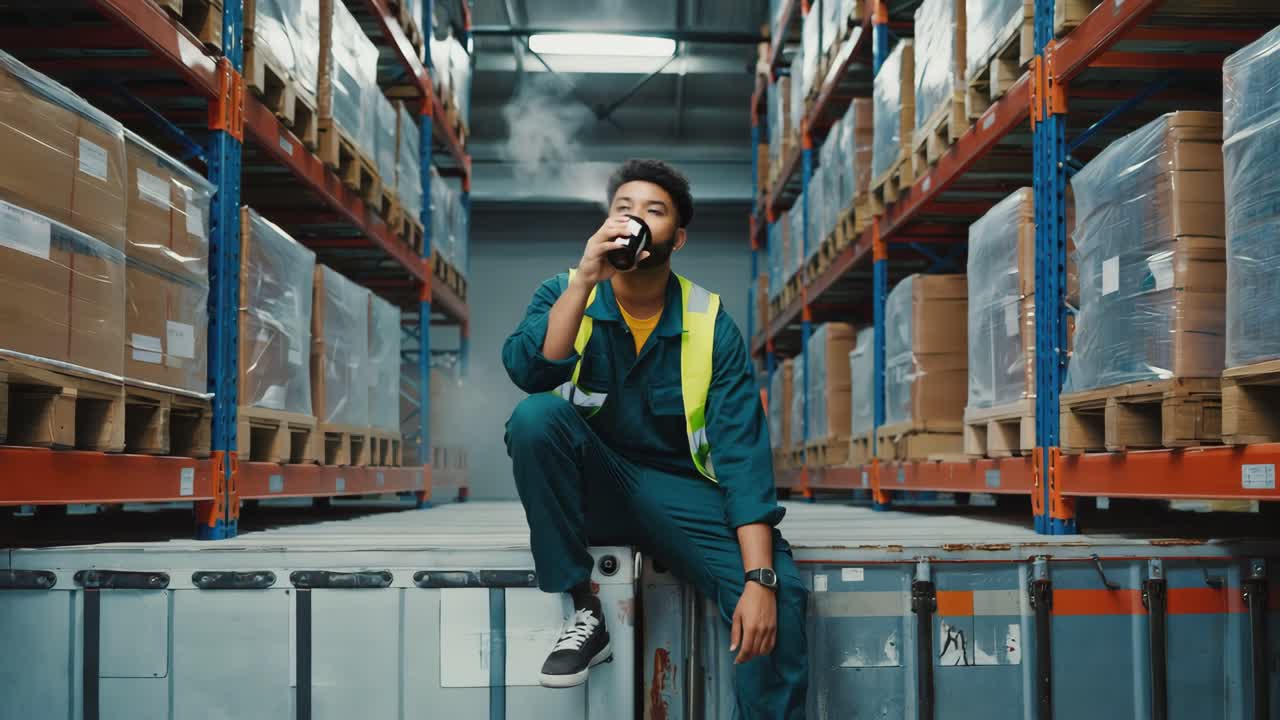 Magazziniere che si concede una pausa con un caffè