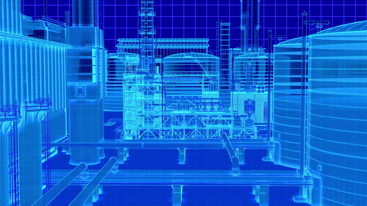 높은 카메라 뷰는 석유 정제 공장 건물의 파란 네온 빛 와이어 프레임으로 앞으로 이동 미래의 디지털 3d 렌더링 영상.