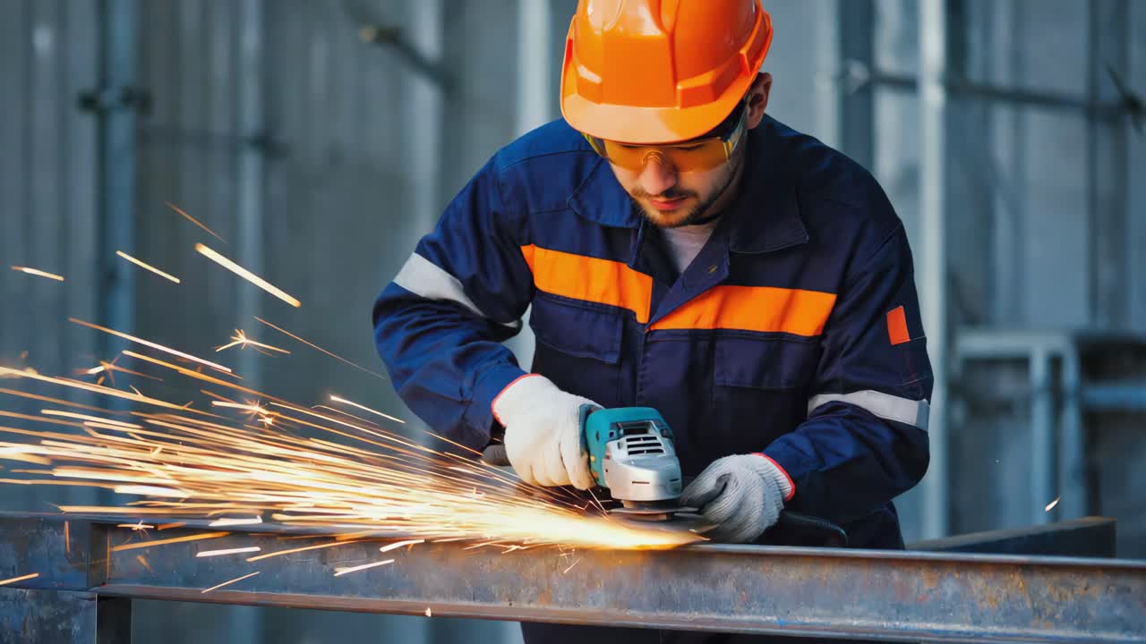 Worker welding construction with sparks