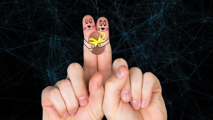 Animation of fingers with easter bunny holding egg over network of connections on black background