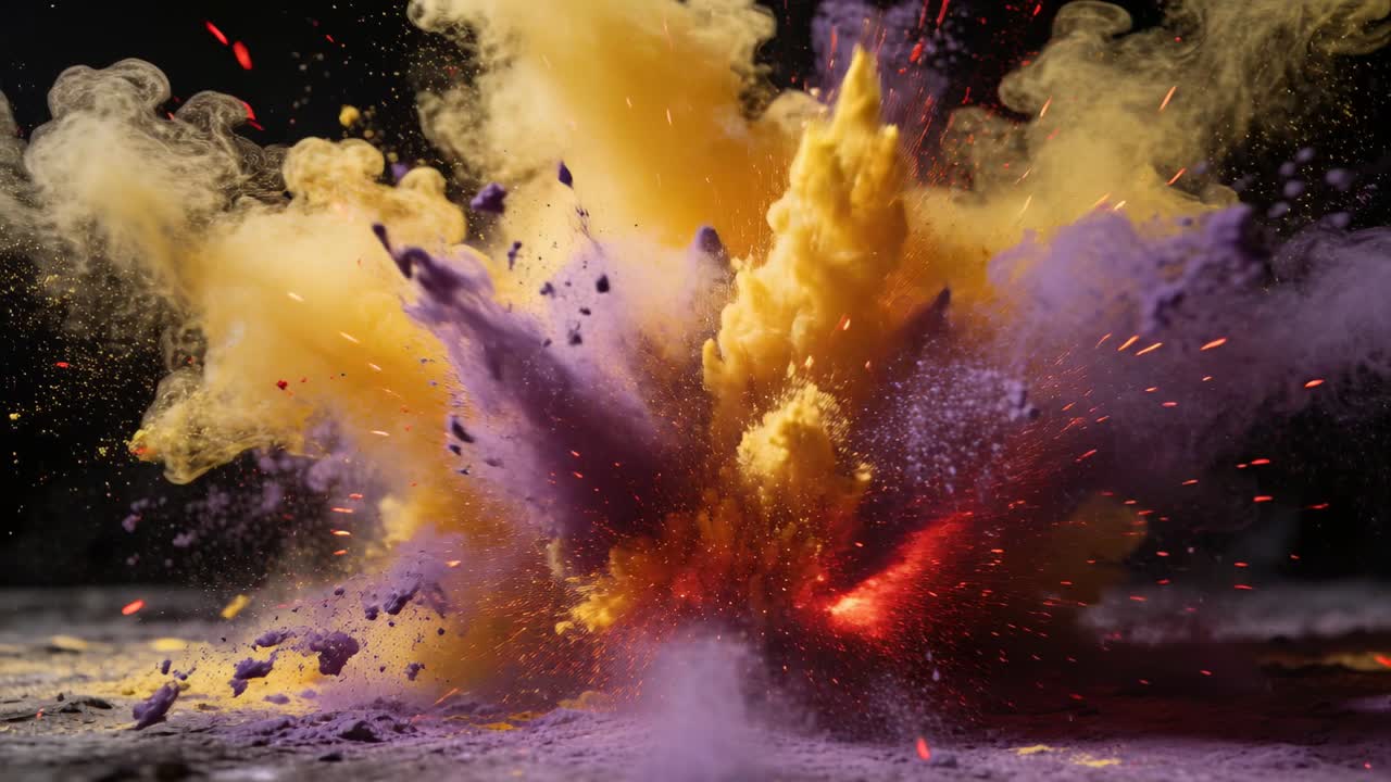 Erompendo de um lançamento, nuvens de pó amarelo e roxo se expandindo, assentando-se no chão do estúdio com brasas.
