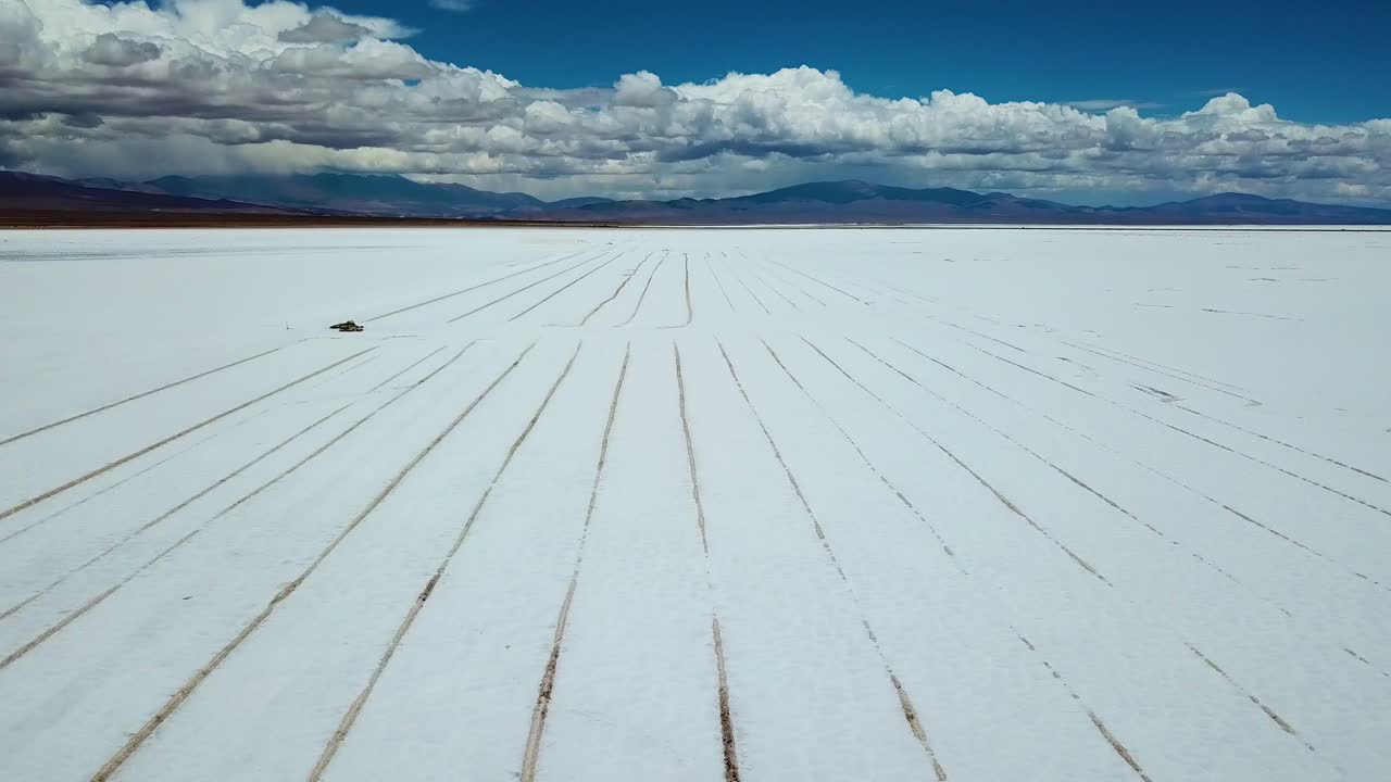 Salt Flat Lines. Tilt Up Aerial of Salinas Grandes, Argentina. Massive White Field Under Blue Sky, Tilt Up