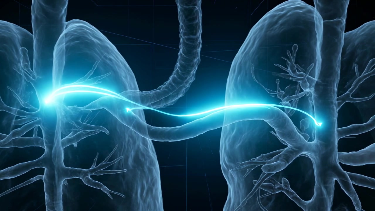 Ein sich ausbreitender zyanfarbener Strang von einem pulsierenden linken Bronchialknoten durch die Lungen auf einem Gitter, der Bronchien verbindet.
