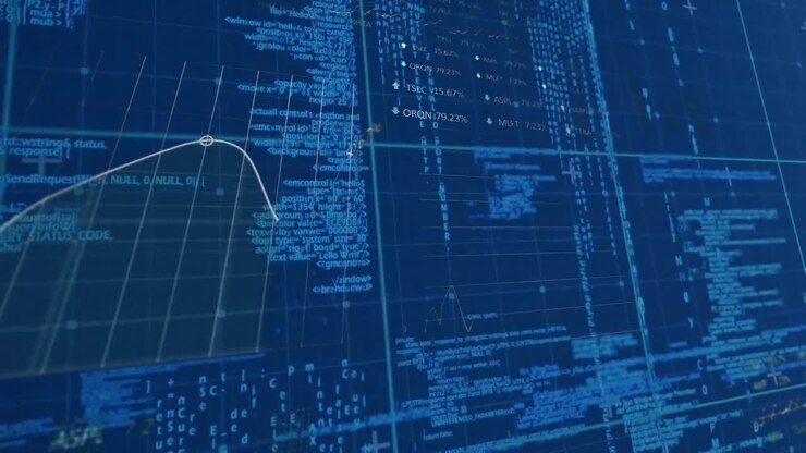 Digital animation of financial and stock market data processing over grid network on blue background