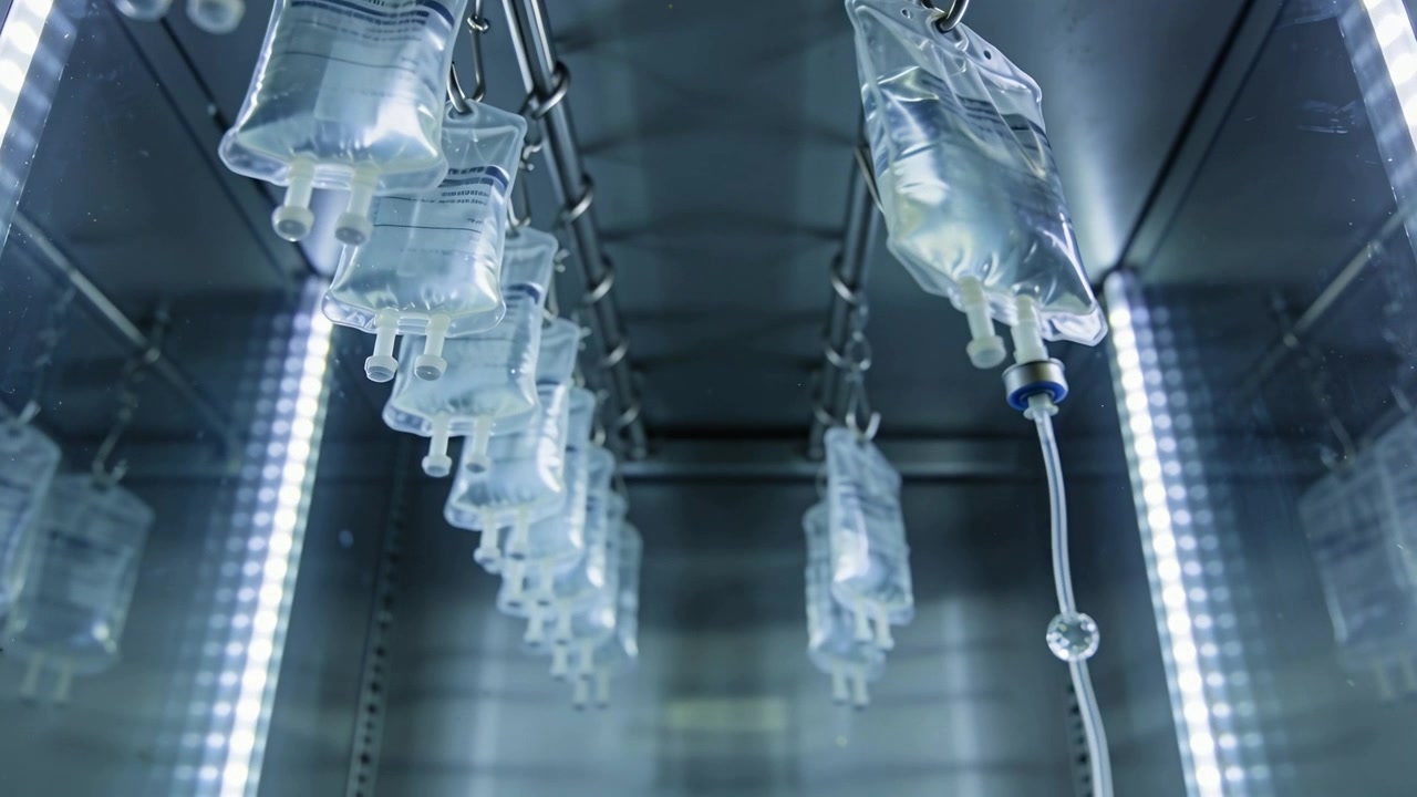 Telecamera in movimento che rivela sacche per flebo trasparenti appese a un binario in una camera medica, ispezionando la camera di gocciolamento