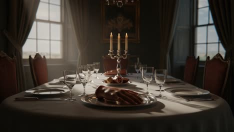 an elegant dining experience with intriguing symbolism: a table set for a feast, featuring unconventional elements and a striking visual aesthetic