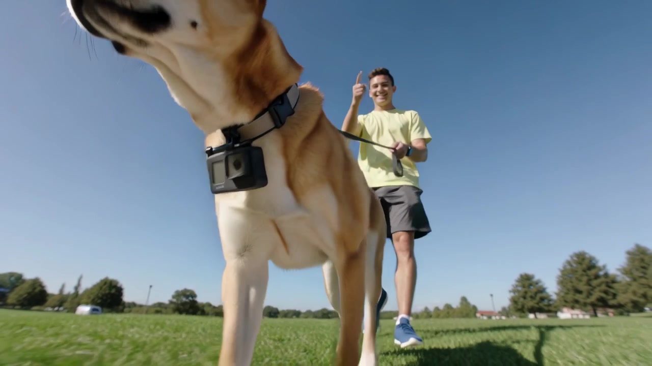 Cane color cuoio con telecamera pettorale che cammina su un sentiero del parco, mentre il proprietario fa jogging con una maglietta gialla.