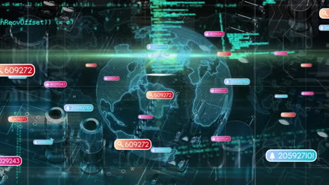 Animation of media icons and data processing over computing board and globe