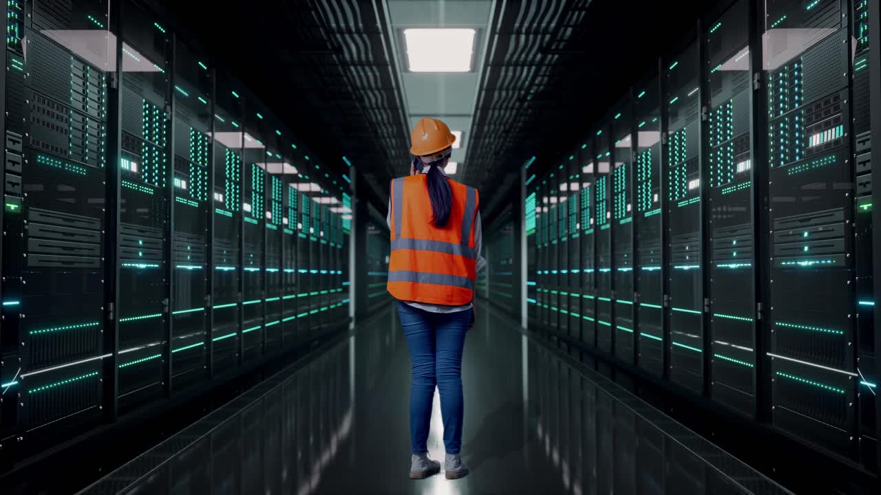 Full Body Back View Of Asian Female Engineer With Safety Helmet Talking On Smartphone While Standing in Server Room Data Center