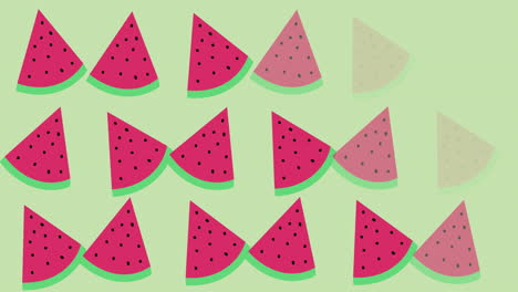 animación de sandías individuales flotando sobre un fondo verde