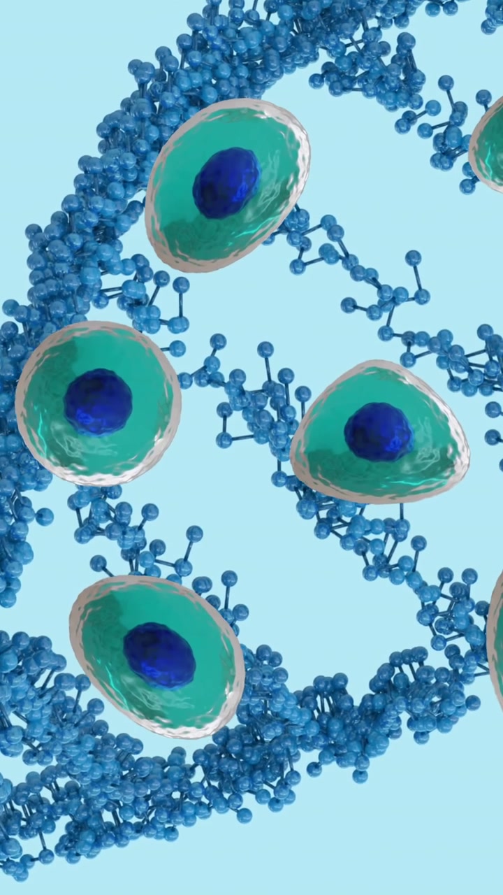 Animazione di cellule del corpo umano e filamento di DNA su sfondo blu