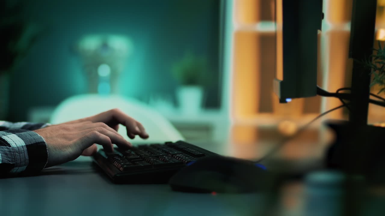 Slow motion close-up shot of male hands writing on desktop computer keyboard