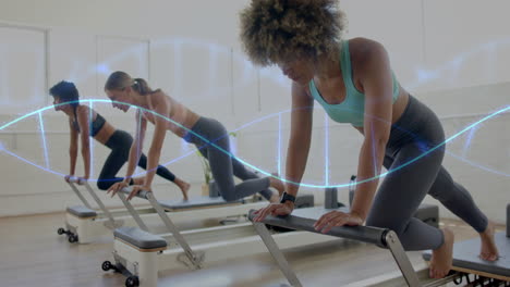 women exercising on reformer machines with dna strand animation overlay