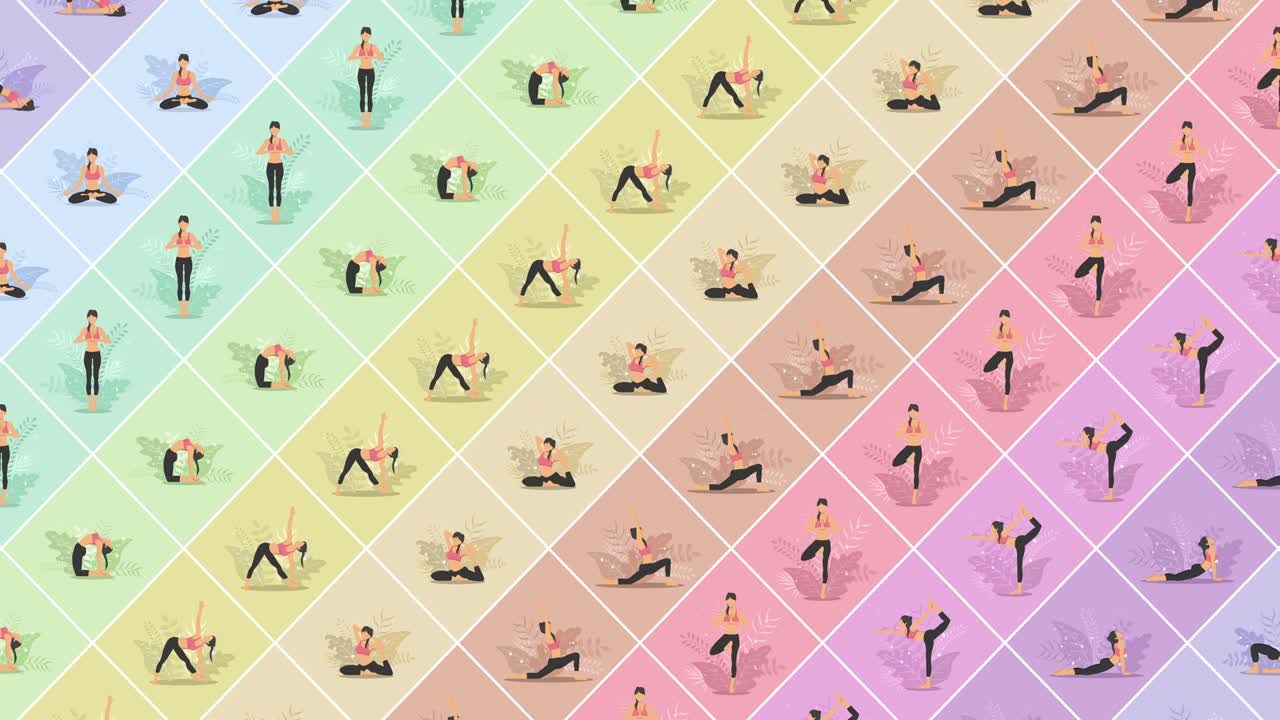 ejercicio de yoga en la naturaleza. colección de personajes de dibujos animados femeninos que demuestran varias posiciones de yoga. colorida animación de bucle plano. relajarse y meditar.