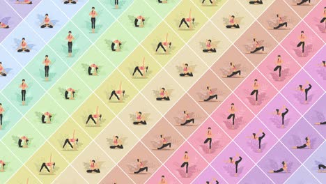 yoga exercise in nature. collection of female cartoon character demonstrating various yoga position. colorful flat loop animation. relax and meditate.