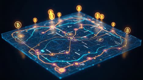 a visually engaging digital map highlighting cryptocurrency connections and pathways with illuminated bitcoin symbols and network nodes on a futuristic background