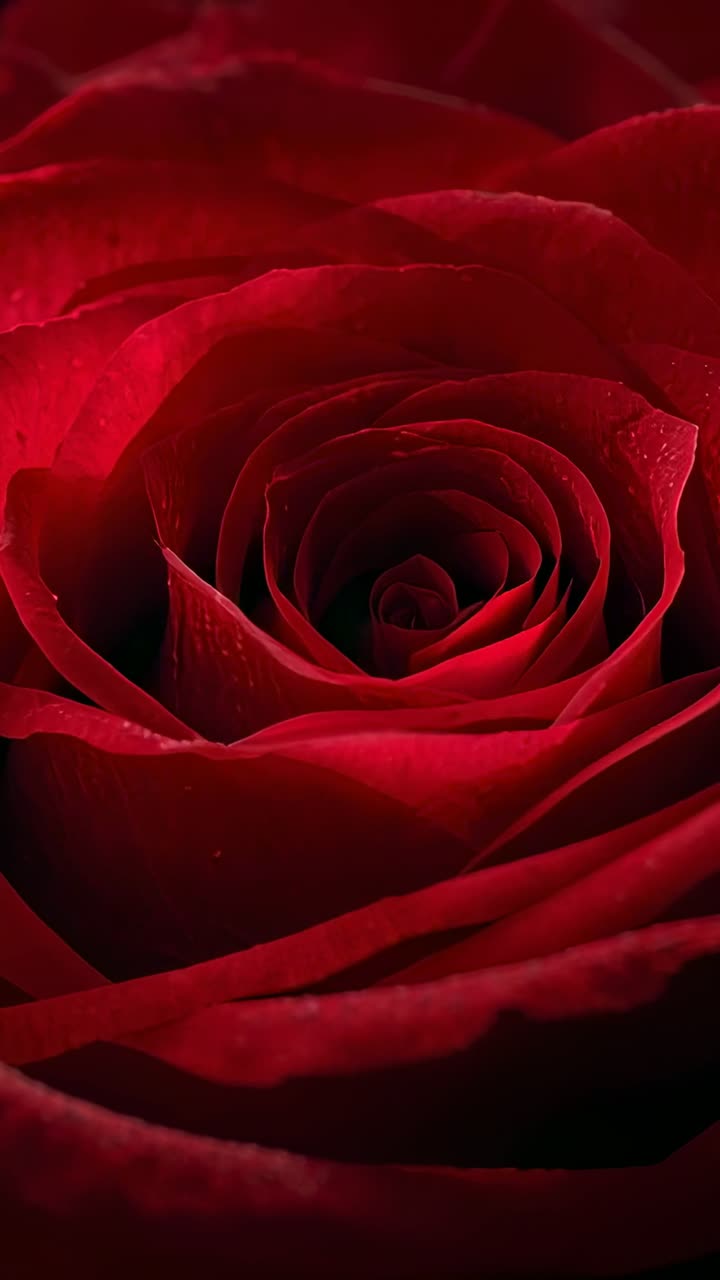Video verticale: la camera zooma su una singola rosa rosso scuro in studio, rivelandone il centro e le gocce di rugiada