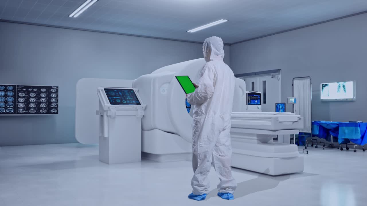 Full Body Back View Of Asian Male Scientist Use Green Screen Tablet While Standing With MRI Machine In The Hospital
