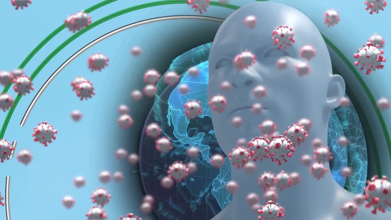 animación de células de covid 19 volando sobre la cabeza humana y el globo