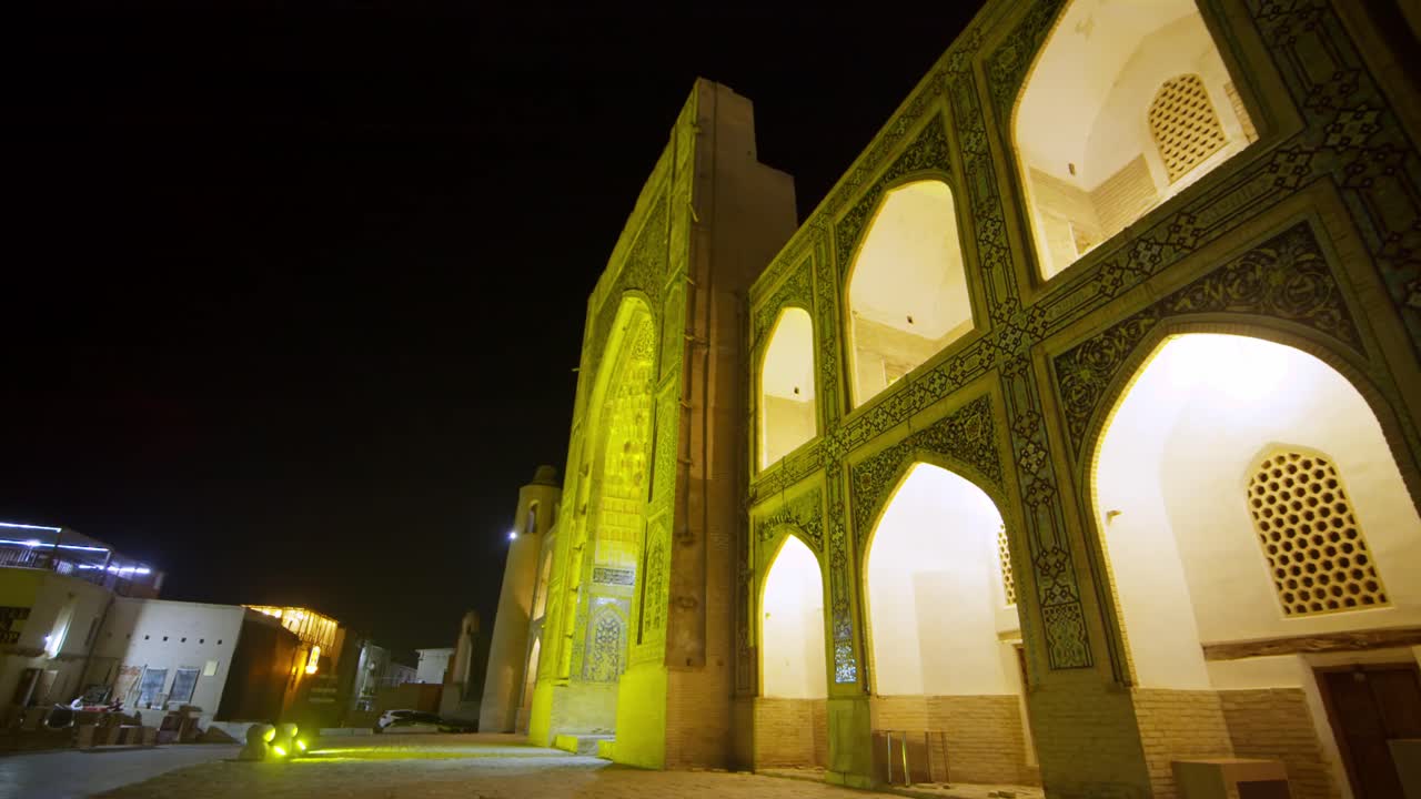 Night View of a Beautifully Illuminated Historical Building in Uzbekistan