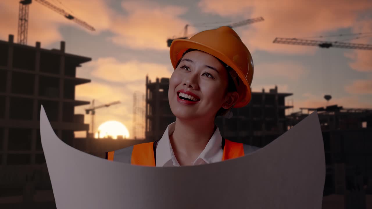 Close Up Of Asian Female Engineer With Safety Helmet Looking At Blueprint In Her Hands And Looking Around While Standing At Construction Site in Progress to New House