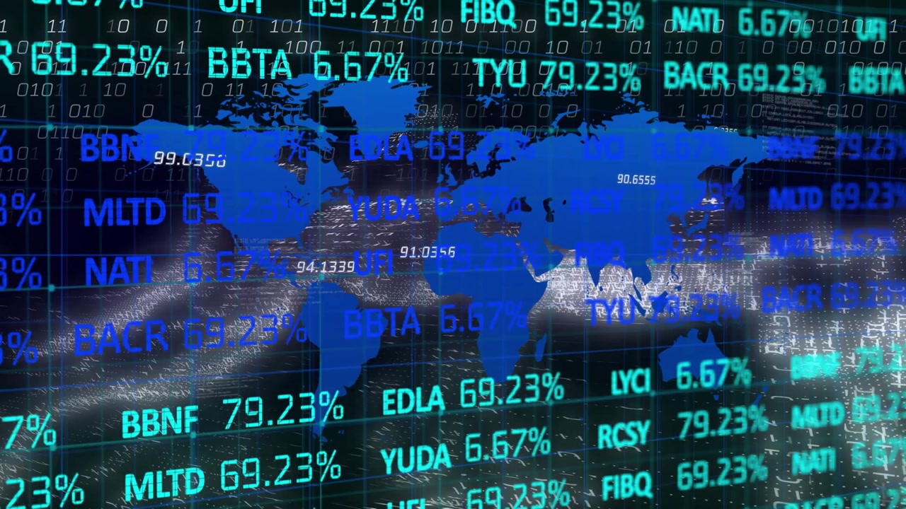 Bright blue digital world map reacting to data feed shifting ticker rates for market trend view