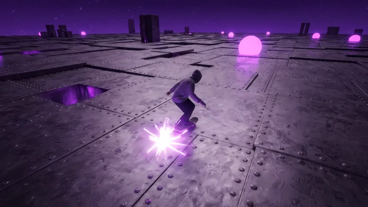 Skater Riding on Futuristic Metallic Platform with Glowing Purple Spheres
