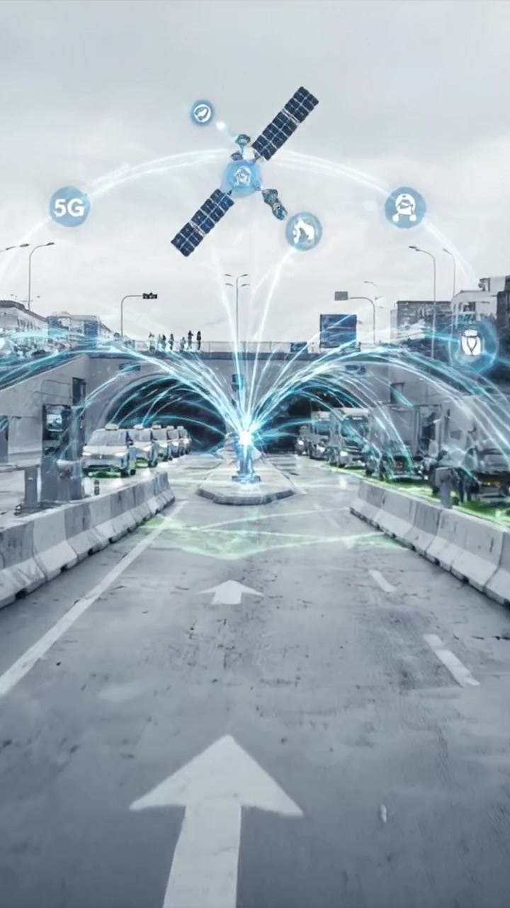 Un incrocio urbano visivamente sorprendente che mostra un innovativo display aereo di connettività digitale in un vivace ambiente cittadino.