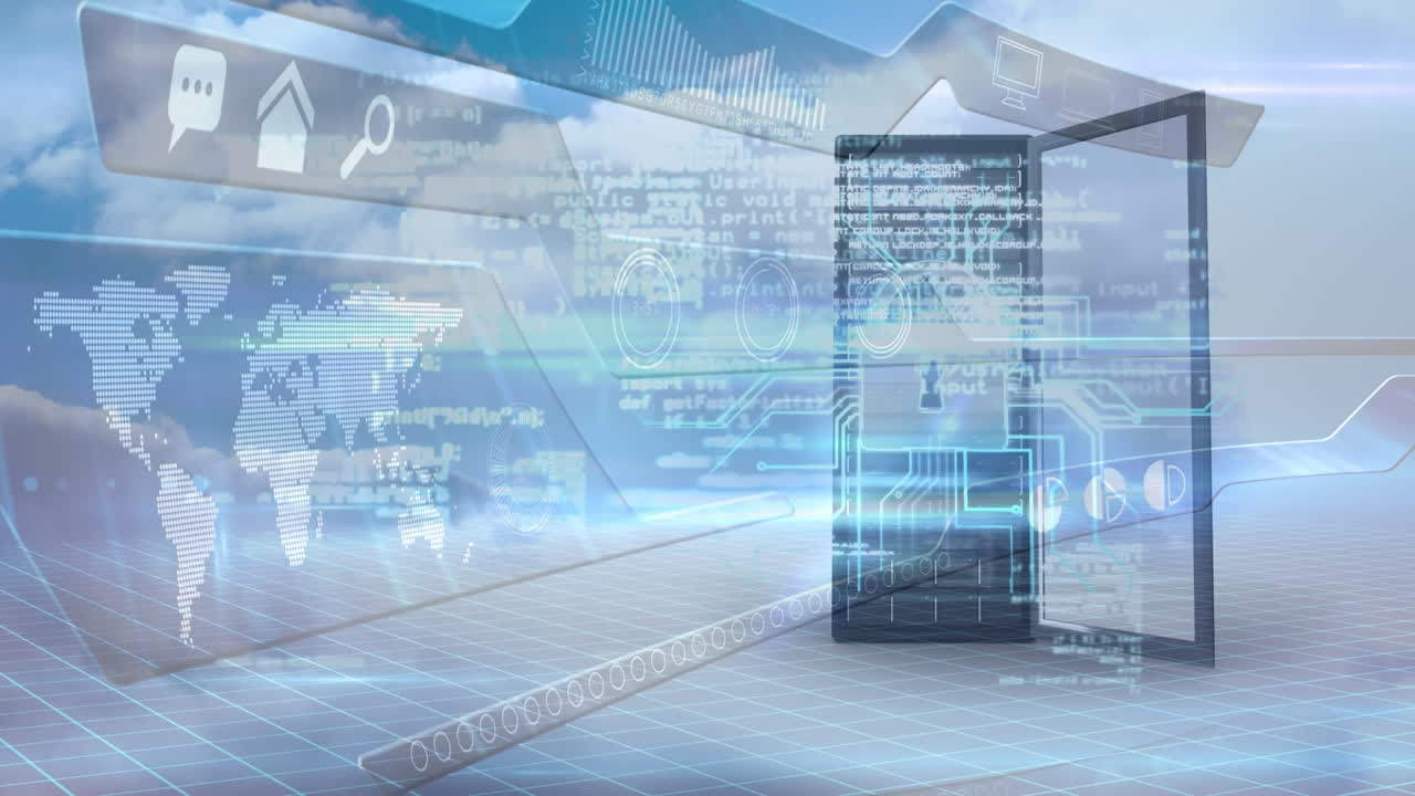 데이터 서버와 지구 지도와 함께 위를 가리키는 화살표