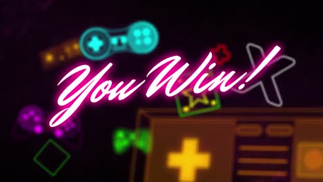 윈 텍스트 및 다양한 콘솔 및 추상적인 배경에 기하학적 모양의 애니메이션